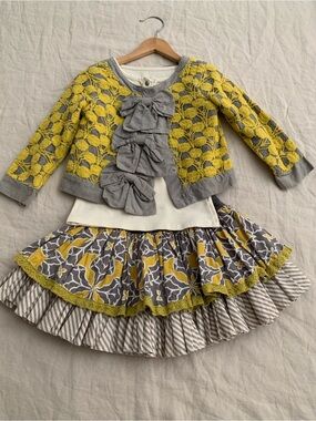 Persnickety Yellow Gold & Gray Lace Bow Cardigan Dress Set
